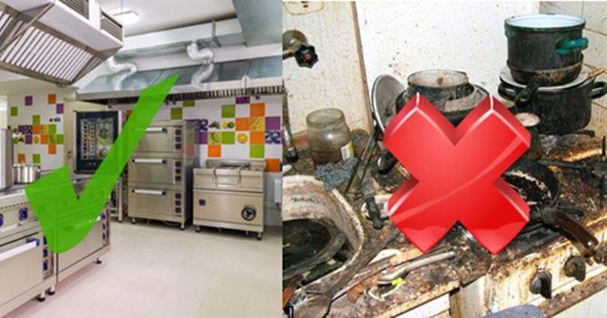 Picture of clean kitchen next to a dirty kitchen