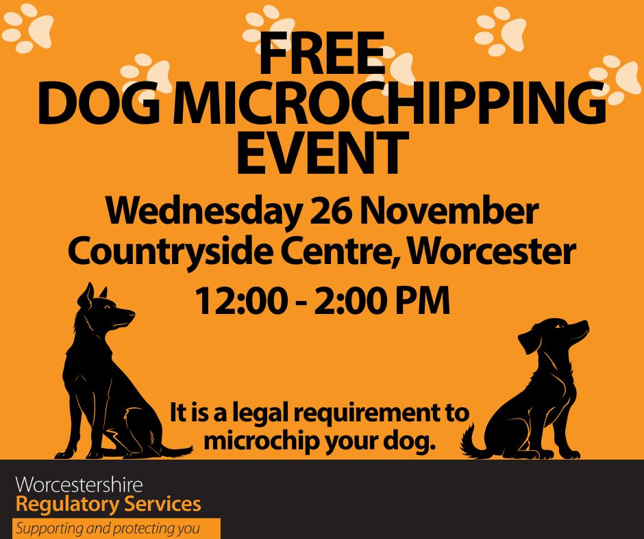 corresponding microchipping poster with event details featuring two outlines of different dogs 
